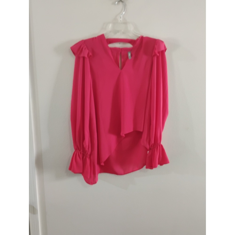 ASOS Pink Long Sleeve Ruffle Shoulder Blouse V-Neck Cutout Back Top US 4